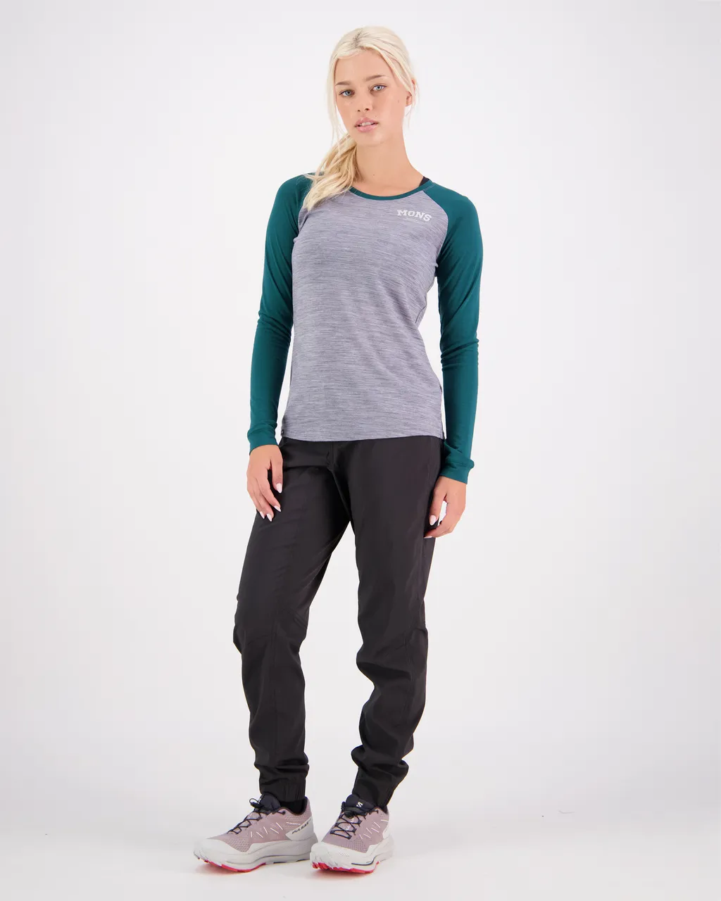 100498-1090-732 - Icon Merino Air-Con Raglan - Grey Heather / Evergreen - Womens