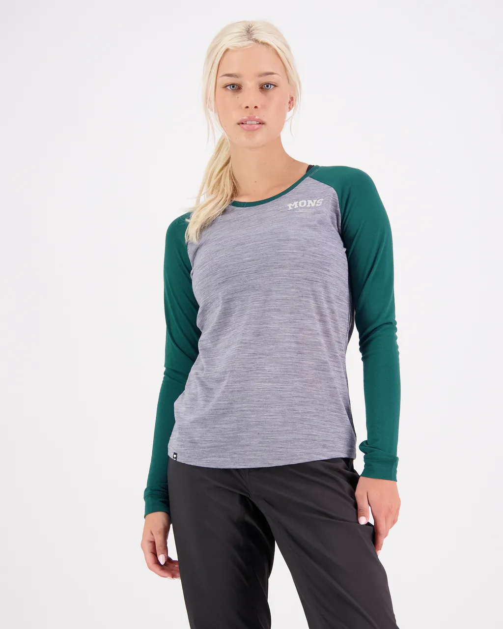 100498-1090-732 - Icon Merino Air-Con Raglan - Grey Heather / Evergreen - Womens
