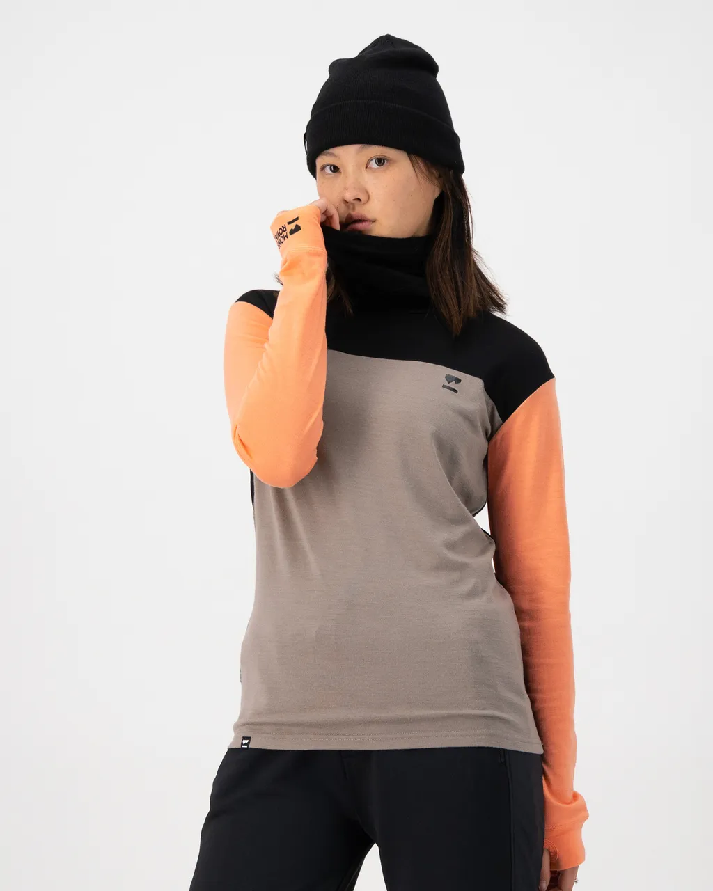 100248-1169-825-101 Womens Yotei Merino High Neck Long Sleeve Punch / Cinder / Black