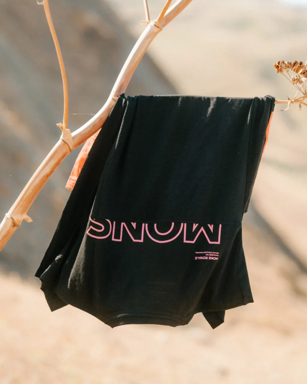 Black Mons Royale underwear with a pink logo hangs over a dry branch.