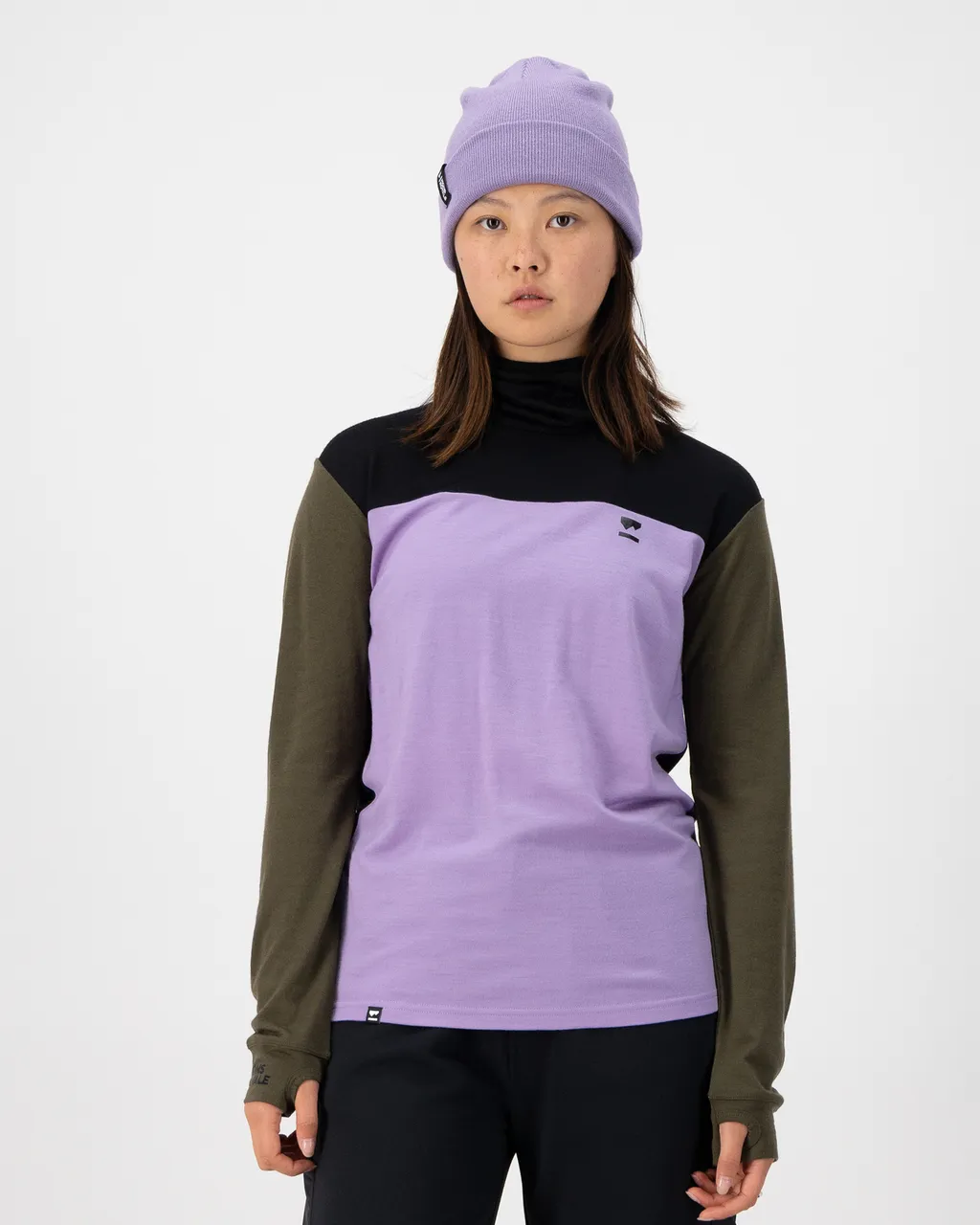 100248-1169-821-101 Womens Yotei Merino High Neck Long Sleeve Lupin / Dark Olive / Black