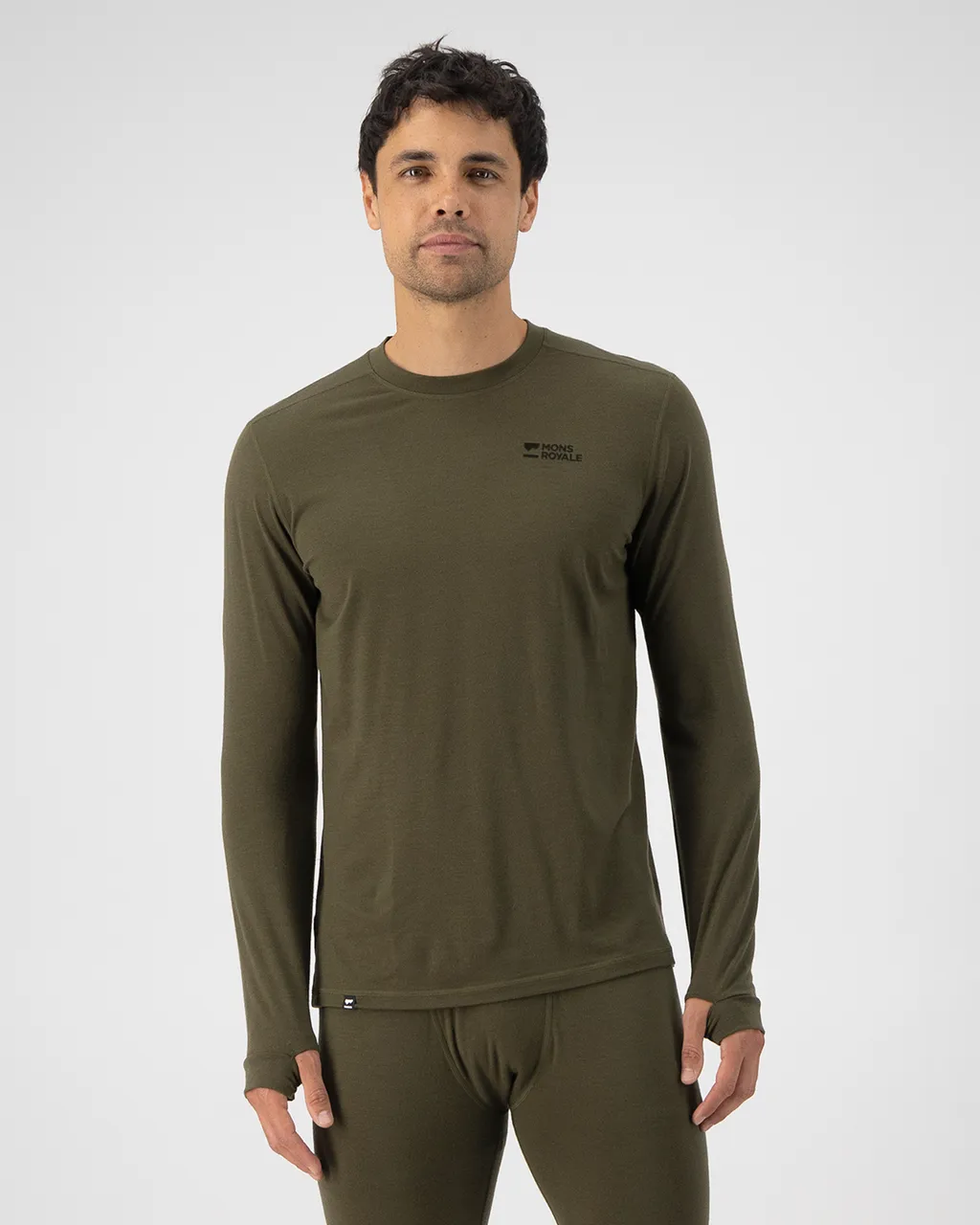 100499-1165-299-101 Mens Cascade Merino Base Layer Long Sleeve Dark Olive