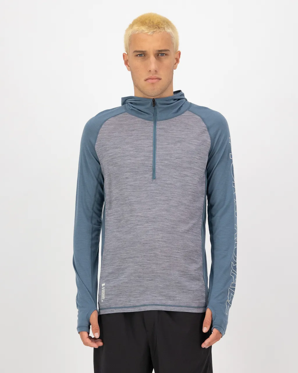 100078-1165-887-101 Mens Temple Merino Long Sleeve Hood Grey Heather / Goblin Blue
