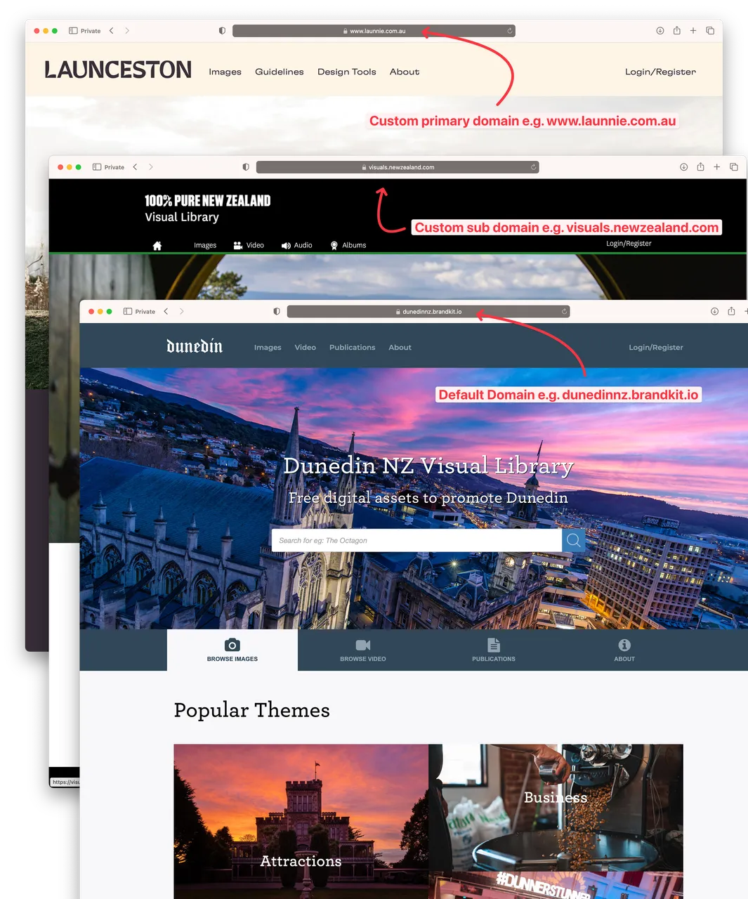 Three screenshots showing domain name options.