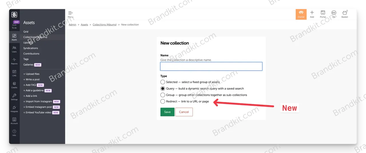 An asset management interface displays a new collection form, with a red arrow pointing to the Redirect option.