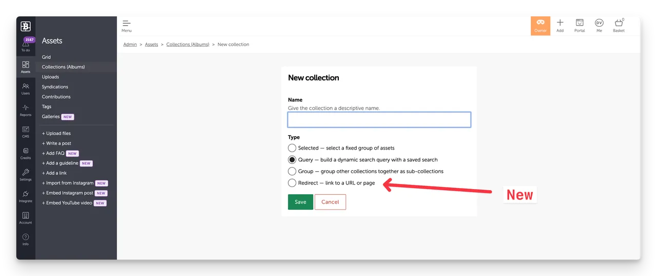 An asset management interface displays a new collection form, with a red arrow pointing to the Redirect option.
