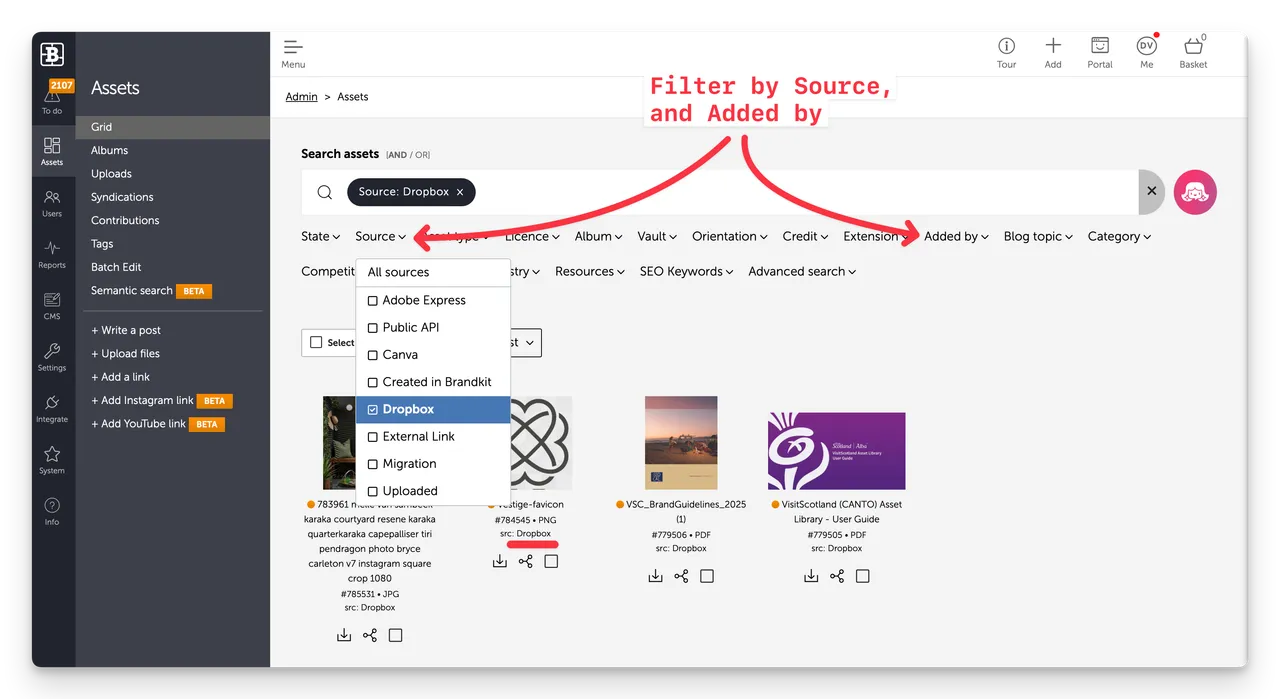 Brandkit search for filter by source