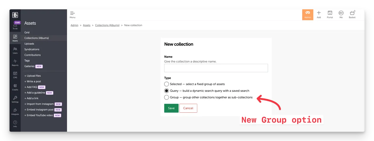 An asset management screen shows a new collection form with the Group option highlighted by a red arrow.