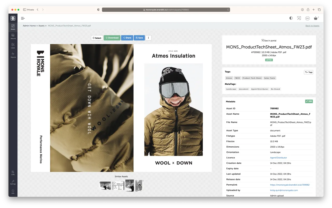 screenshot product techsheet asset admin for Mons Royale