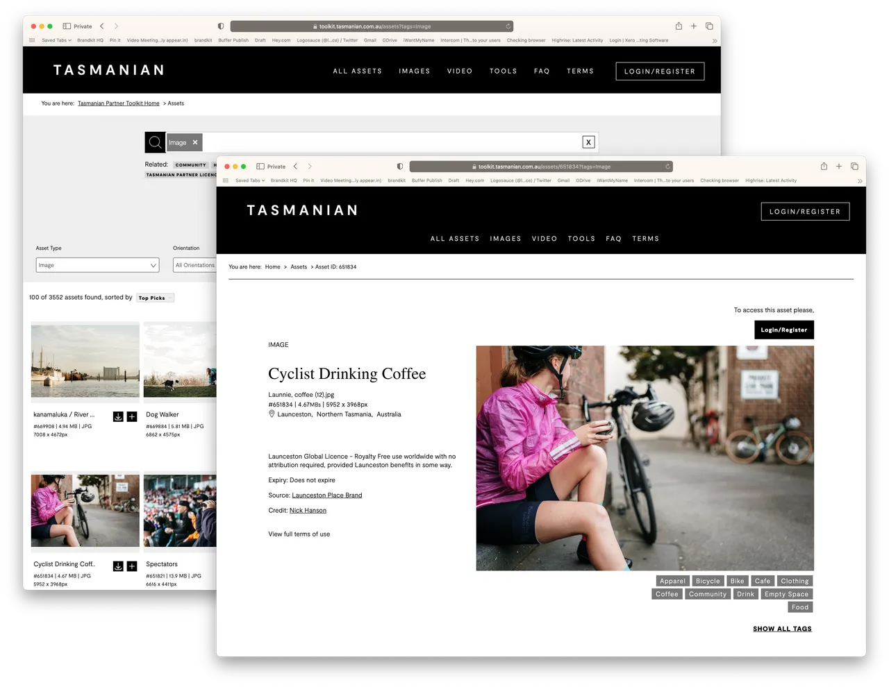 Photo asset from Tasmanian Partner Toolkit showing a cyclist drinking coffee