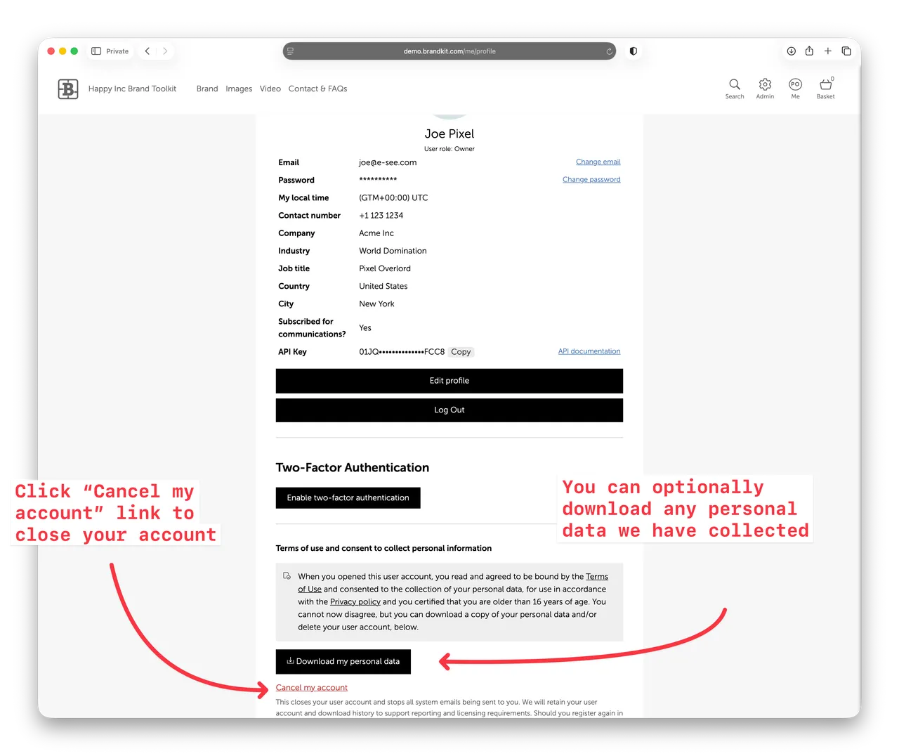 Brandkit User Cancel my account button