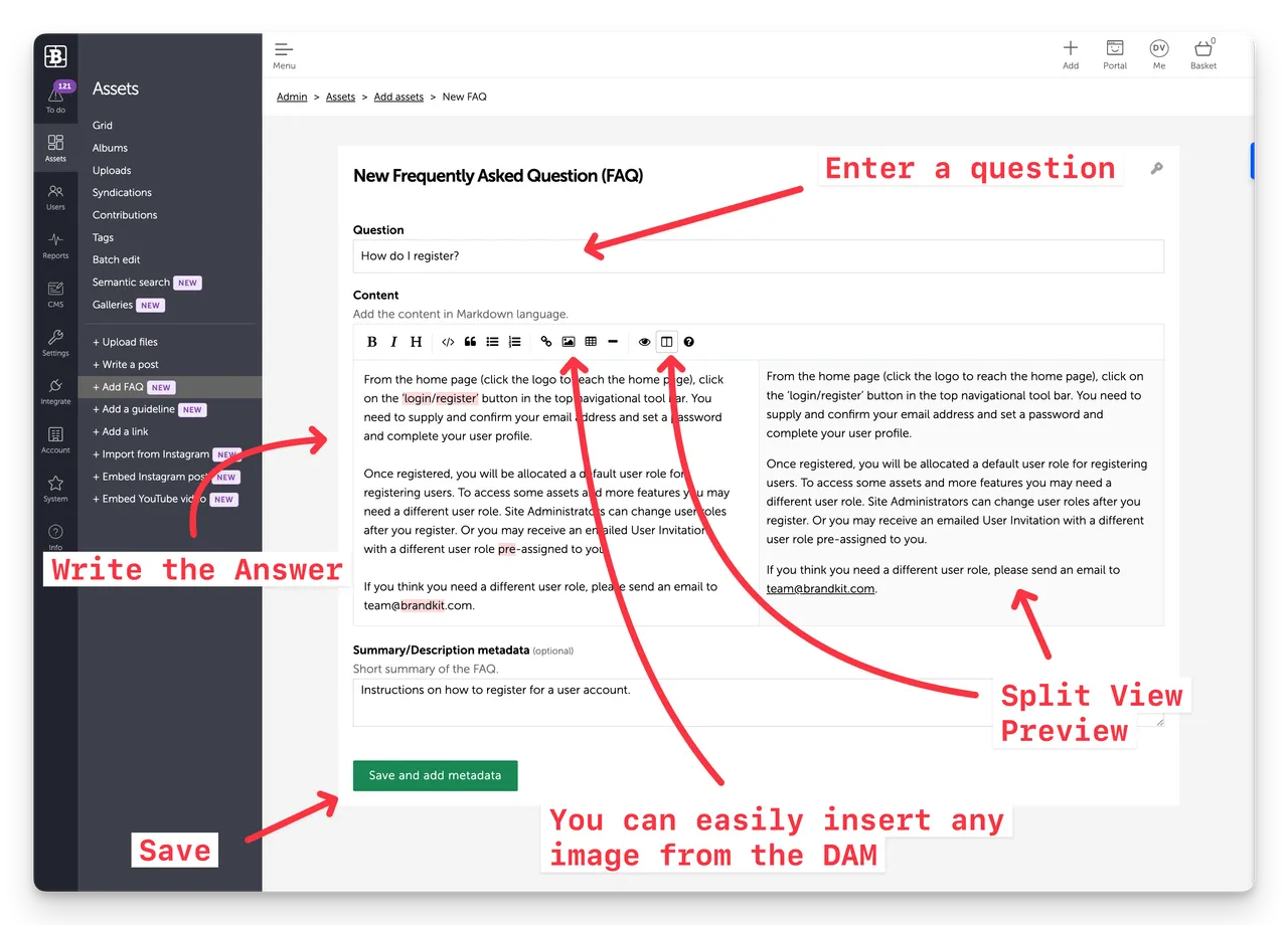 Brandkit FAQ edit screen