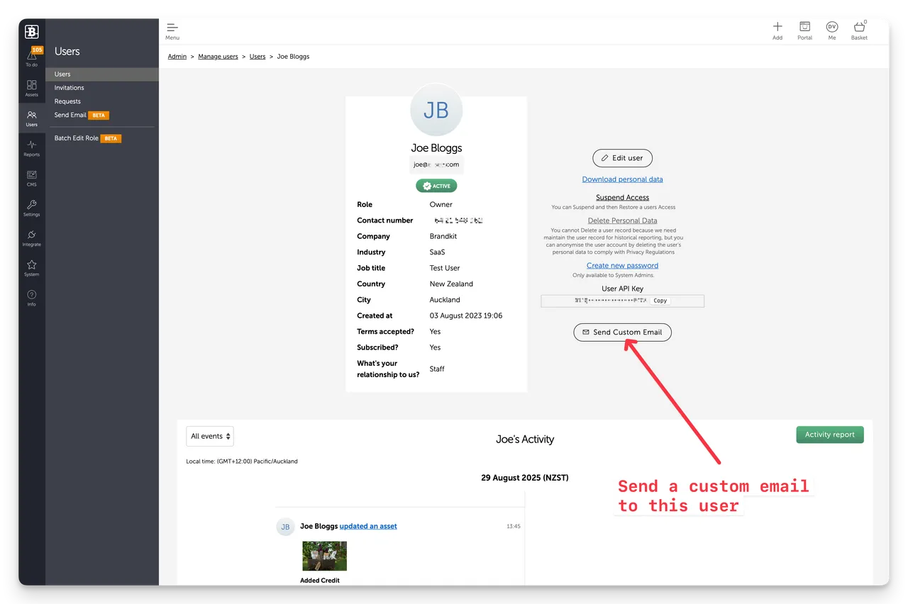 Brandkit send custom email from profile page v2