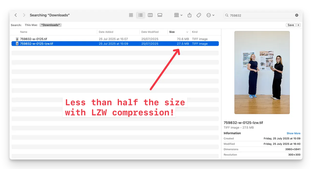 tif less than half the size with lzw compression