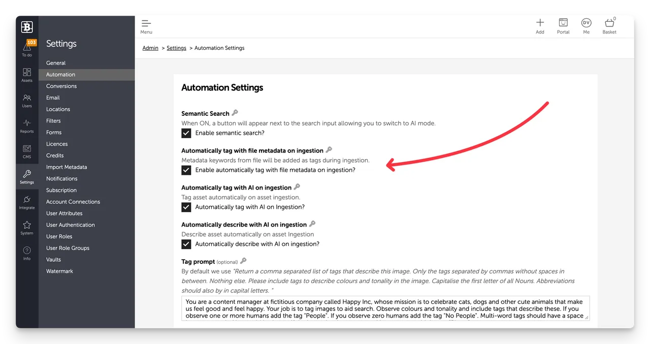 Brandkit automation settings automatically tag on ingestion