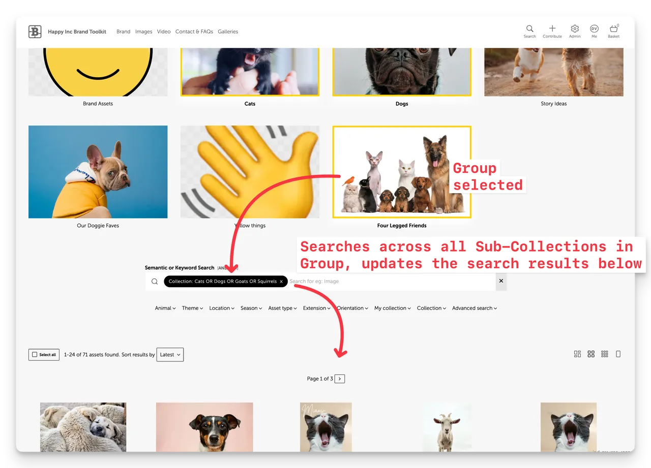 Brandkit’s asset library displays pet collections and search results, with red arrows explaining group-wide search.