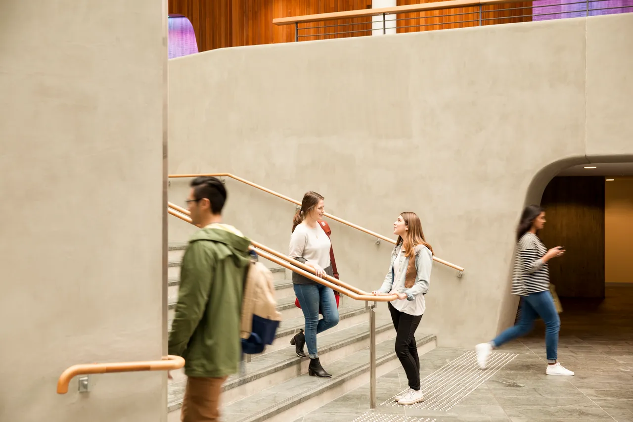 New Zealand school children on stairs in uniforms