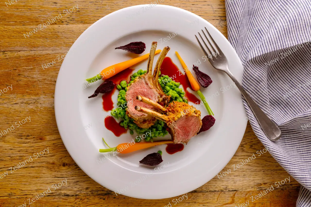 Rack of lamb, peas, beetroot and carrots