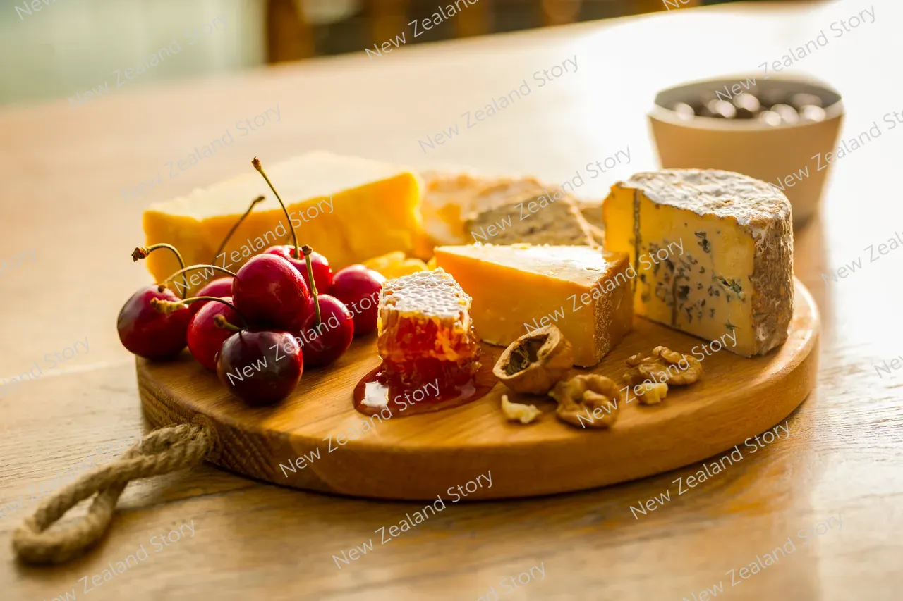 Cheese board with honey, walnuts and cherries