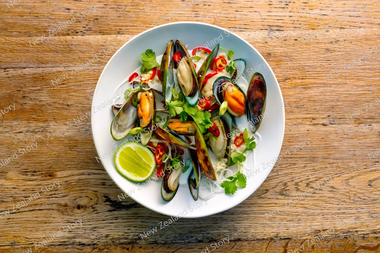 Mussels with chillies, coconut and noodles