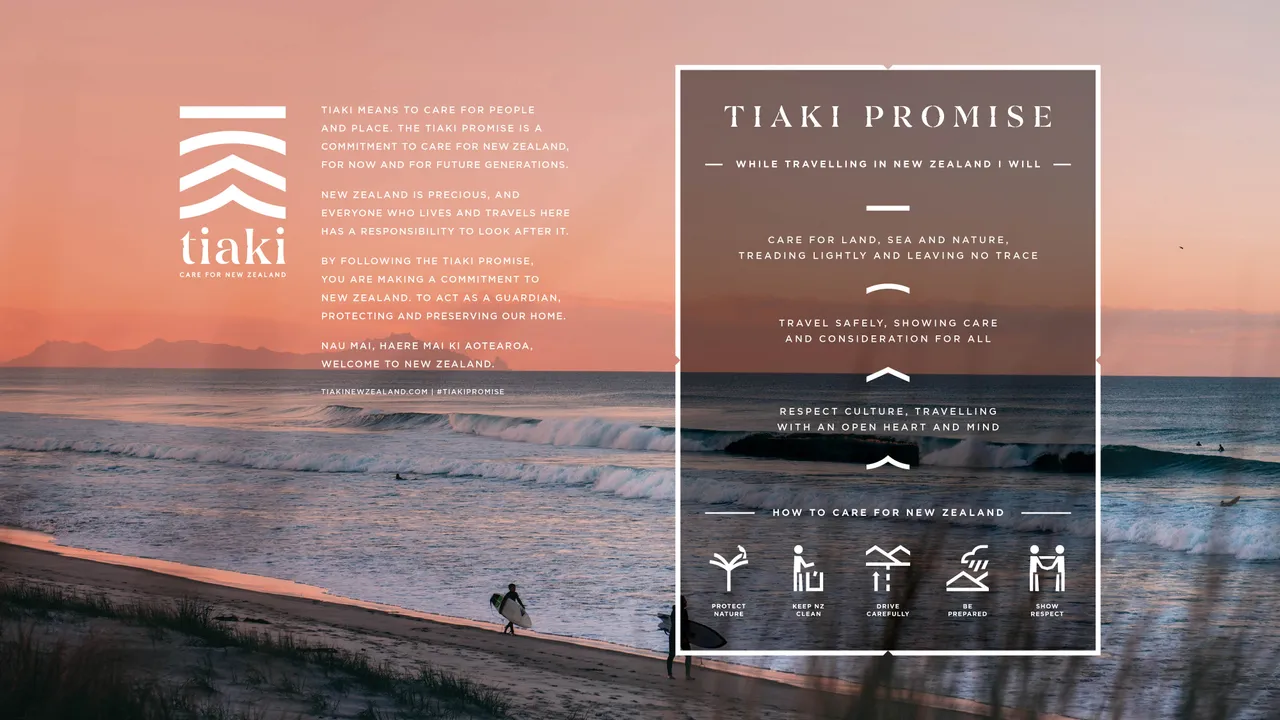 Tiaki information with sunset beach imagery