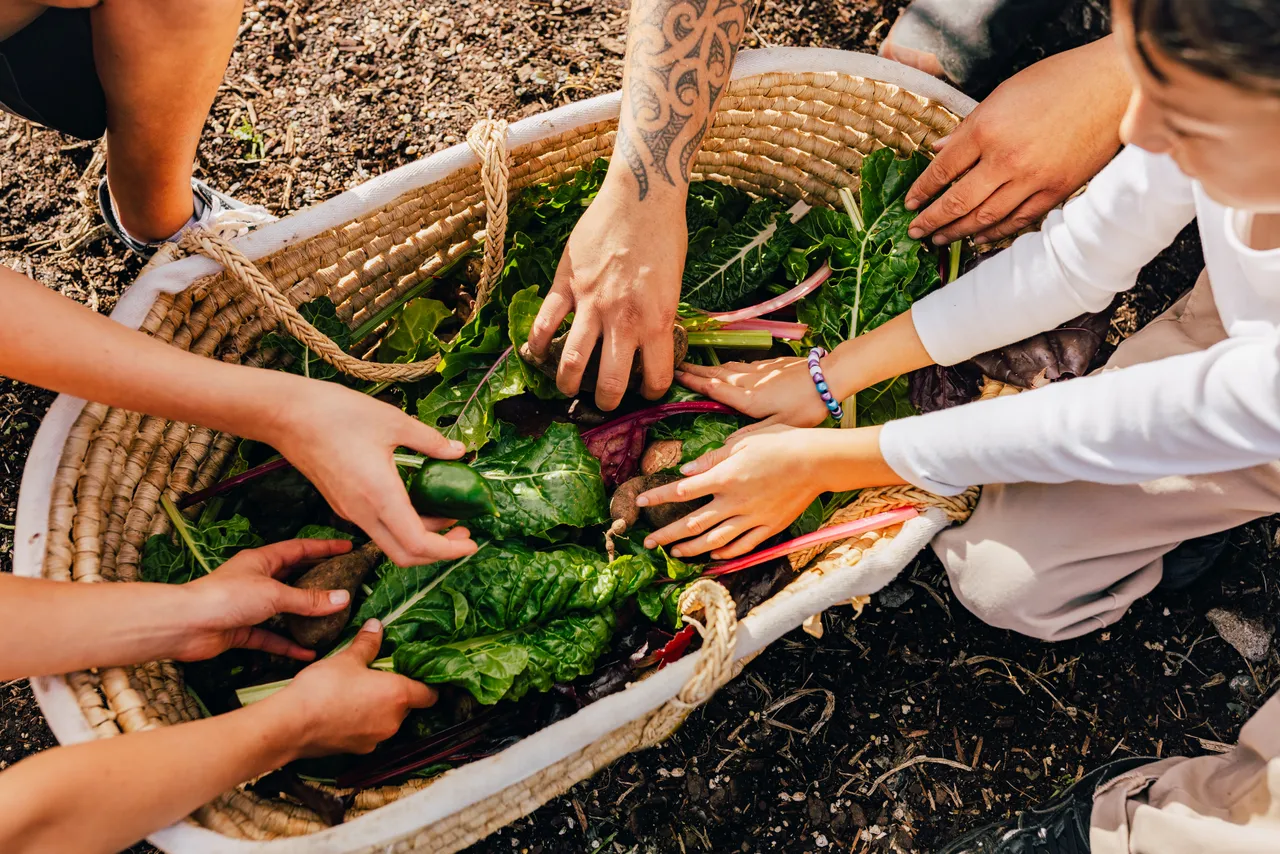 Close up of family hands placing crops in basket