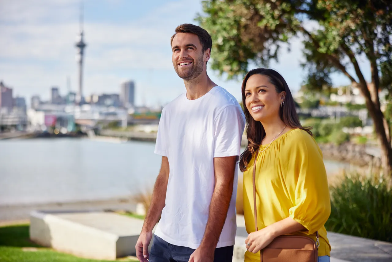 Closeup of couple walking around Westhaven Marina