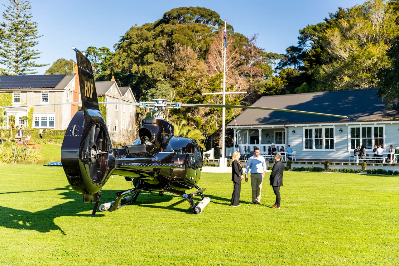 Delegates congregate around helicopter