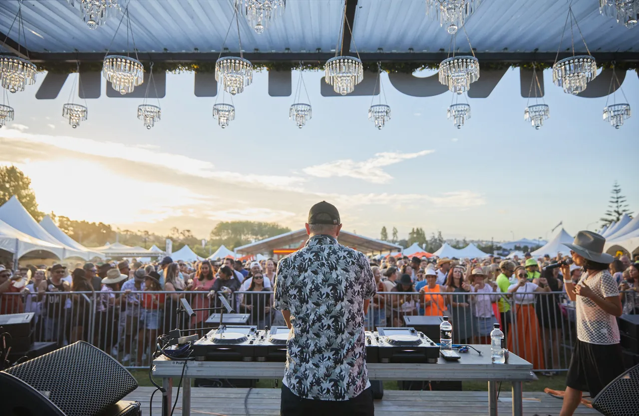 DJ performing to crowd at outside festival