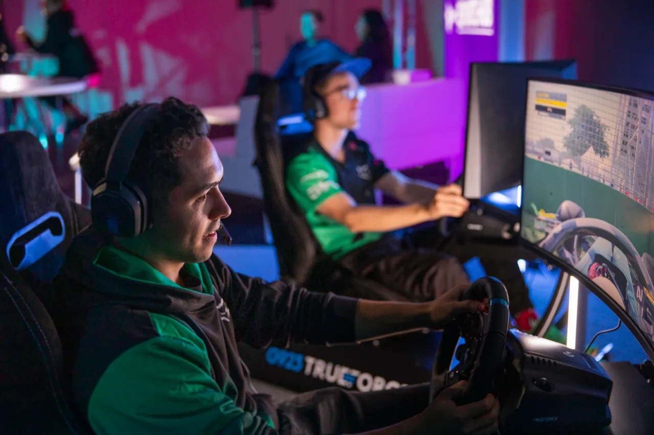 Two young men playing racing game in uniform