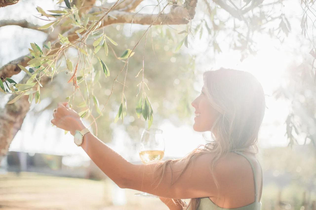 Woman reaching out to olive groves leave on Waiheke Island