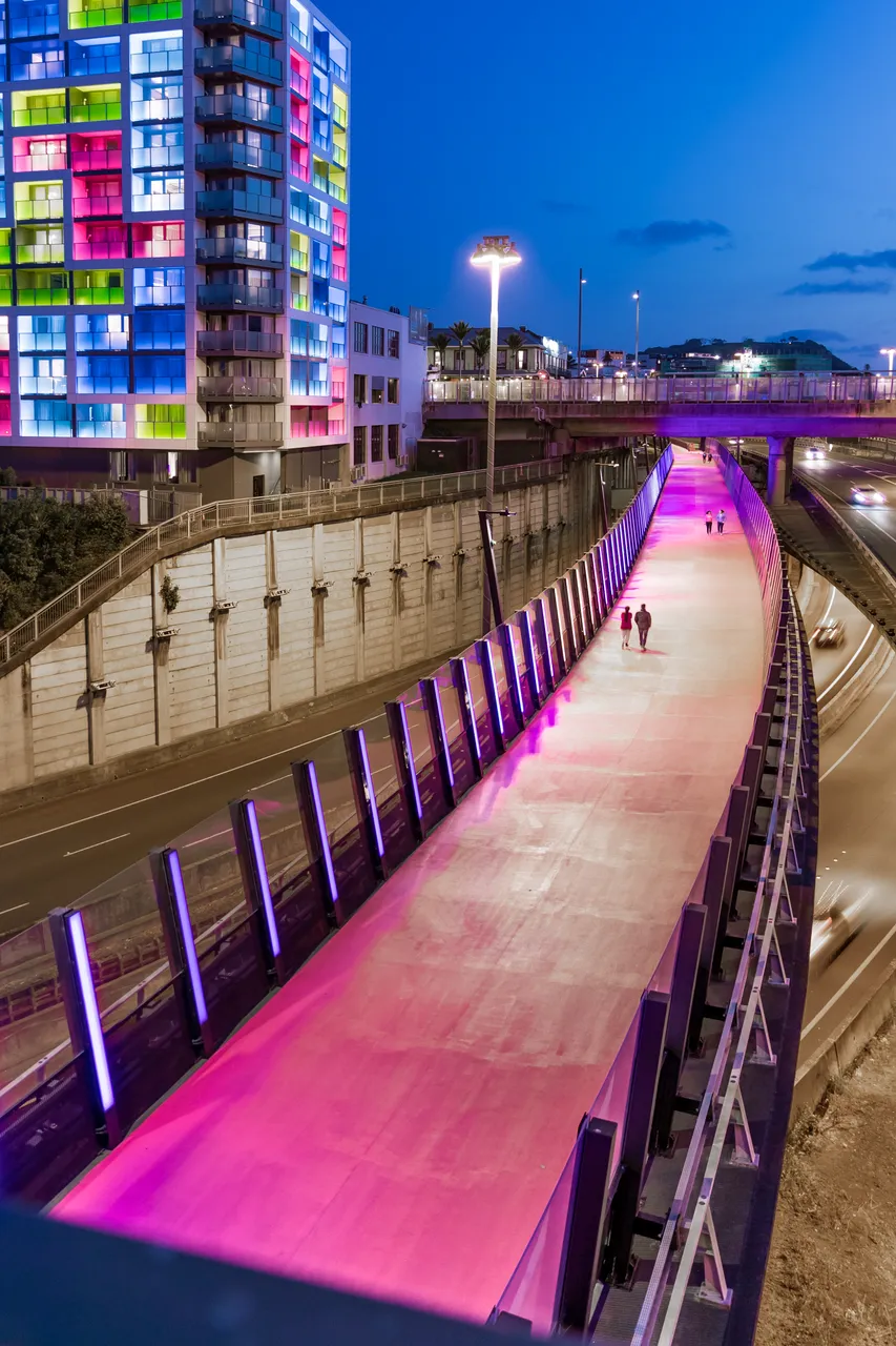 The Lightpath and the Haka Hotel lit up at night
