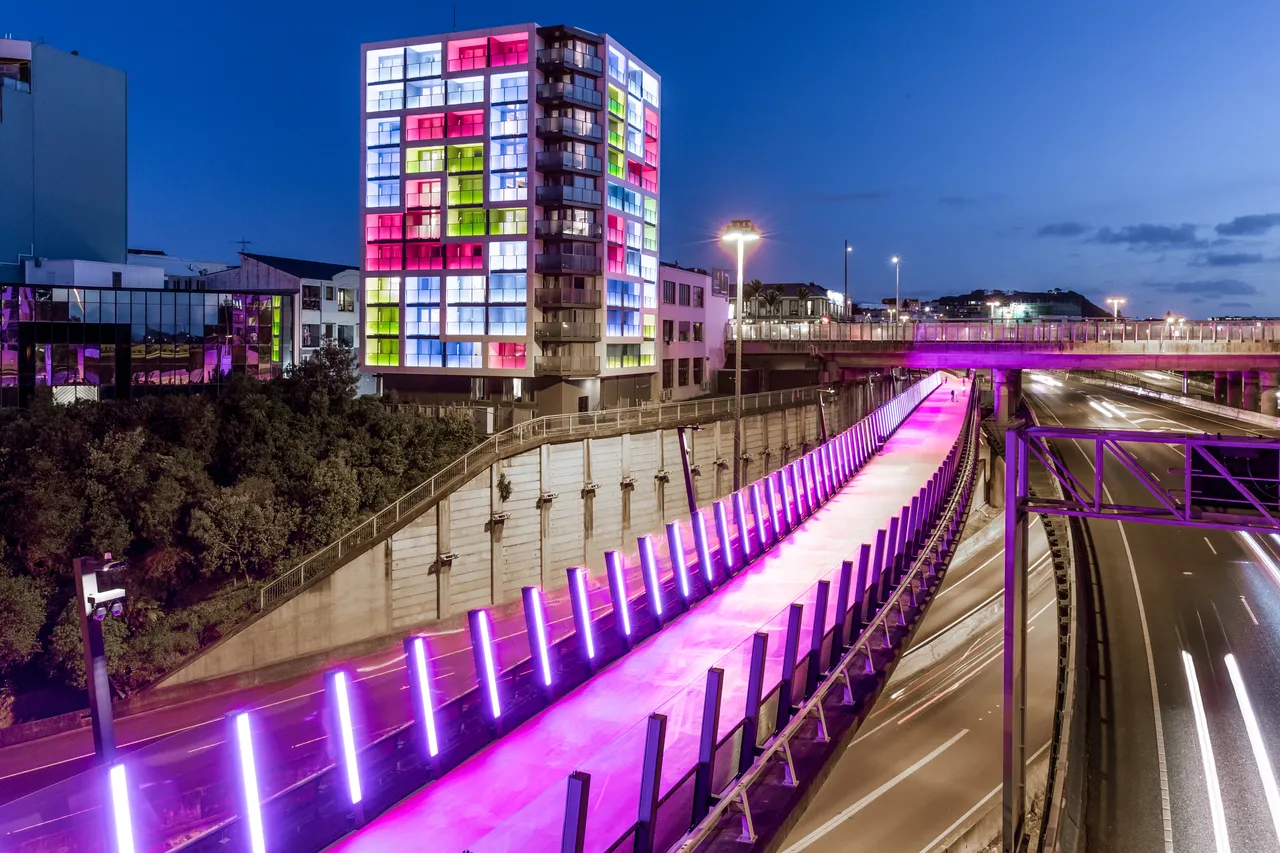 The Lightpath and the Haka Hotel lit up at night
