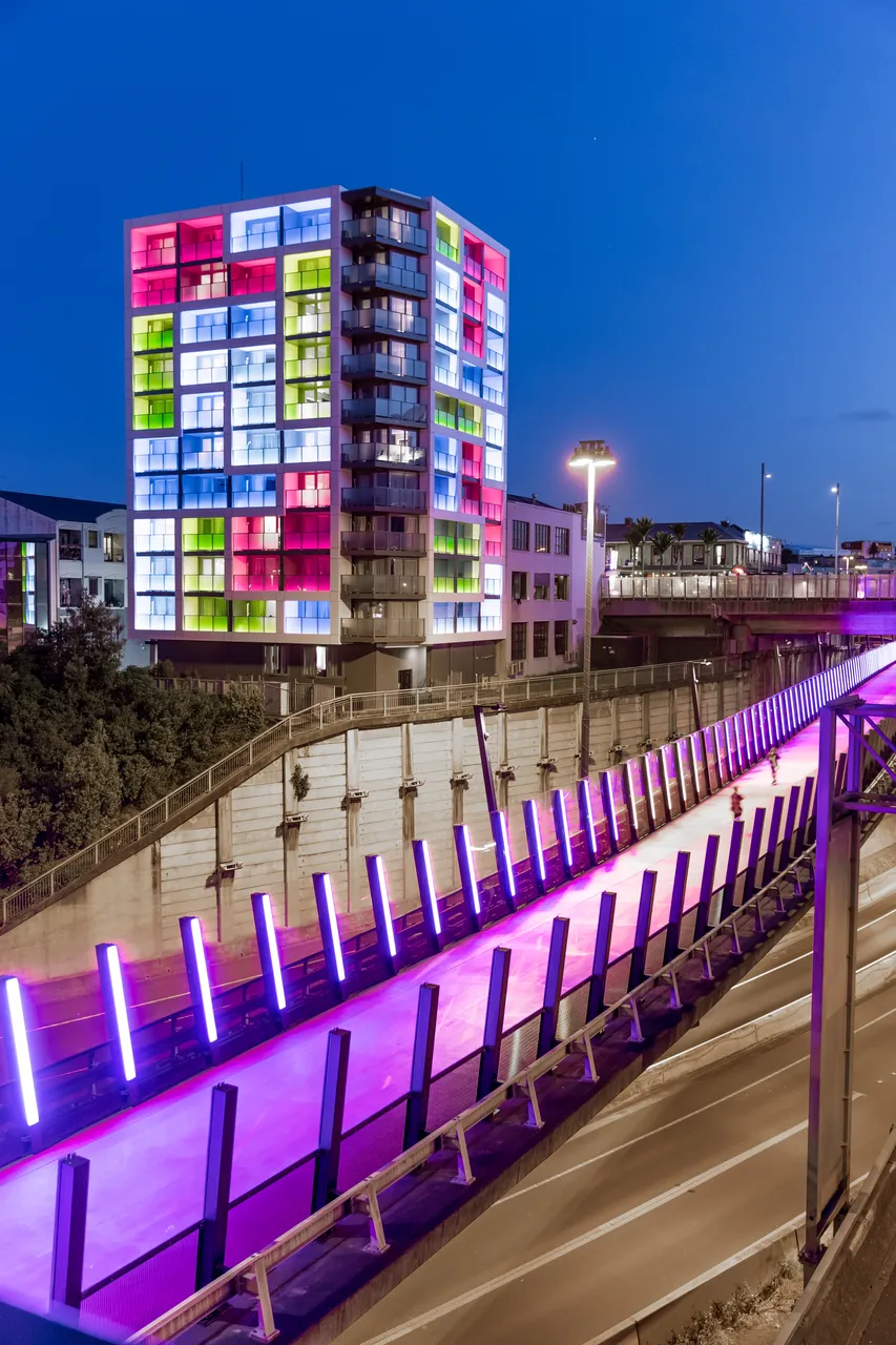 The Lightpath and the Haka Hotel lit up at night