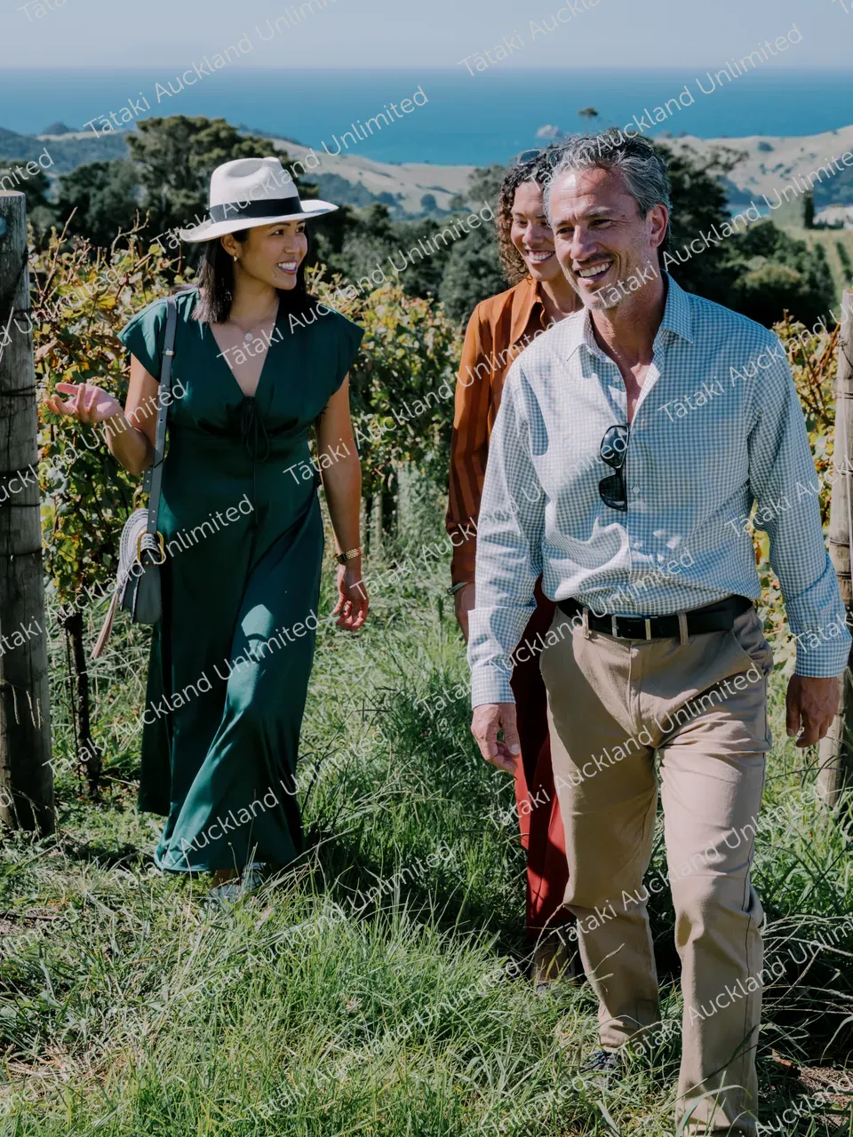 Group of business professionals walking through vines at Waiheke vineyard 4