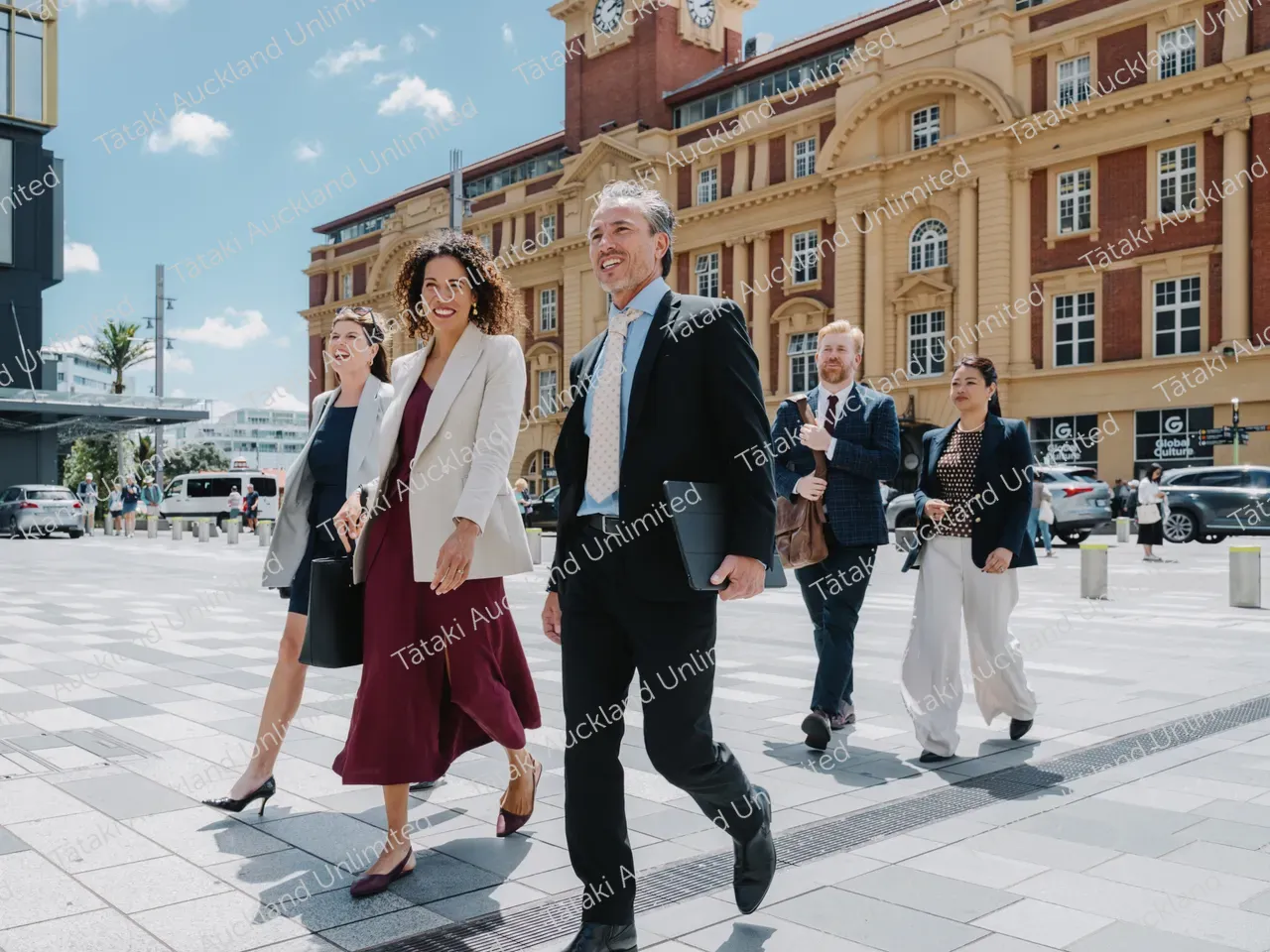 Business professionals walk across Te Komititanga Square 2