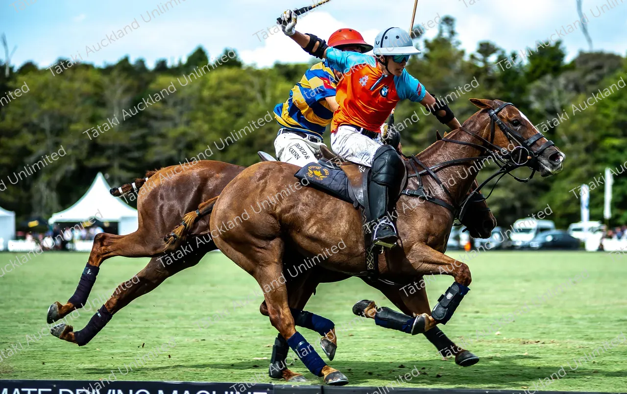 Two polo players ride galloping horses side by side during a match.
