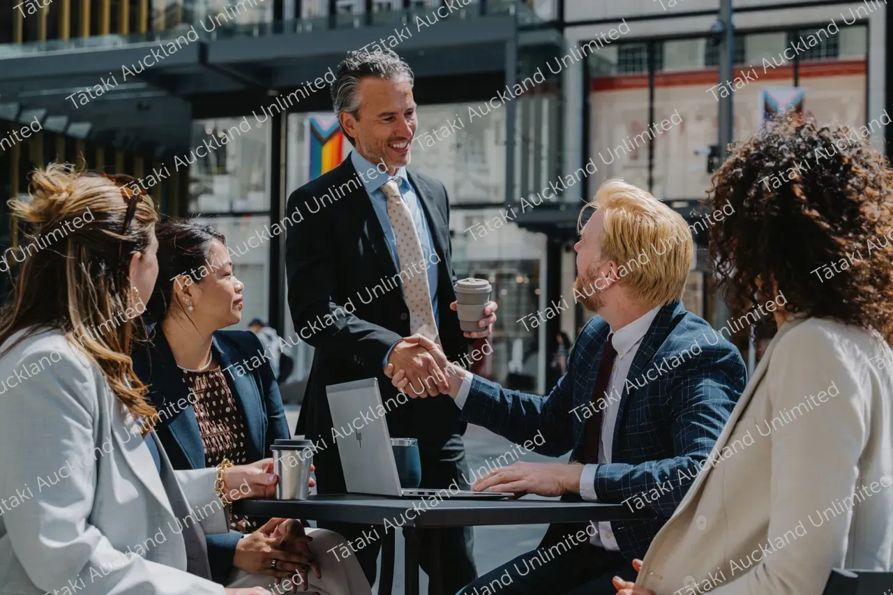 Outdoor business meeting with five professionals 3