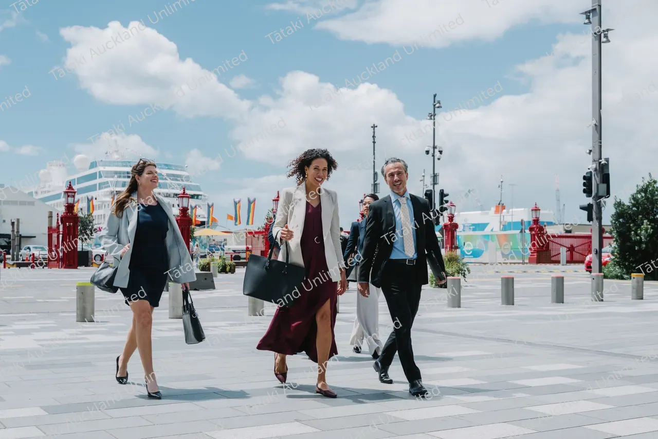 Business professionals walk across Te Komititanga Square 