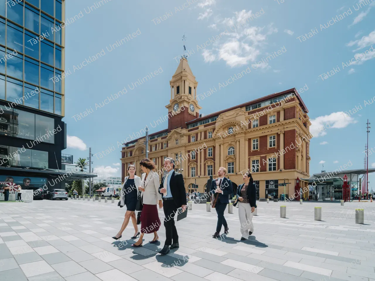 Business professionals walk across Te Komititanga Square 7