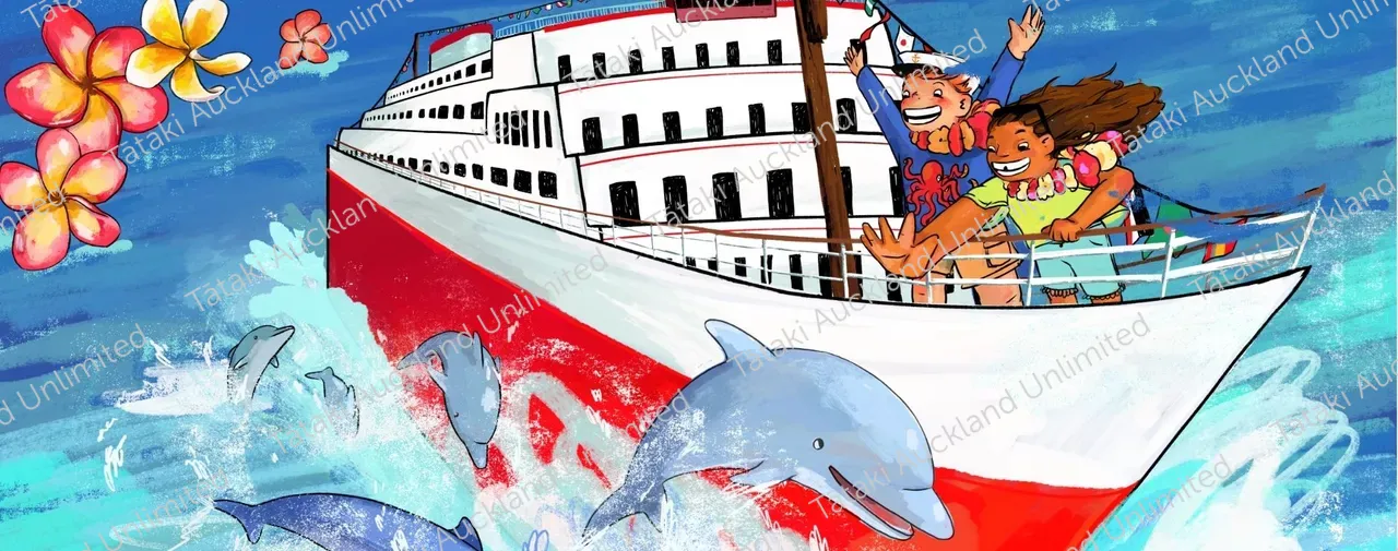 Illustration of kids on boat with dolphins in water