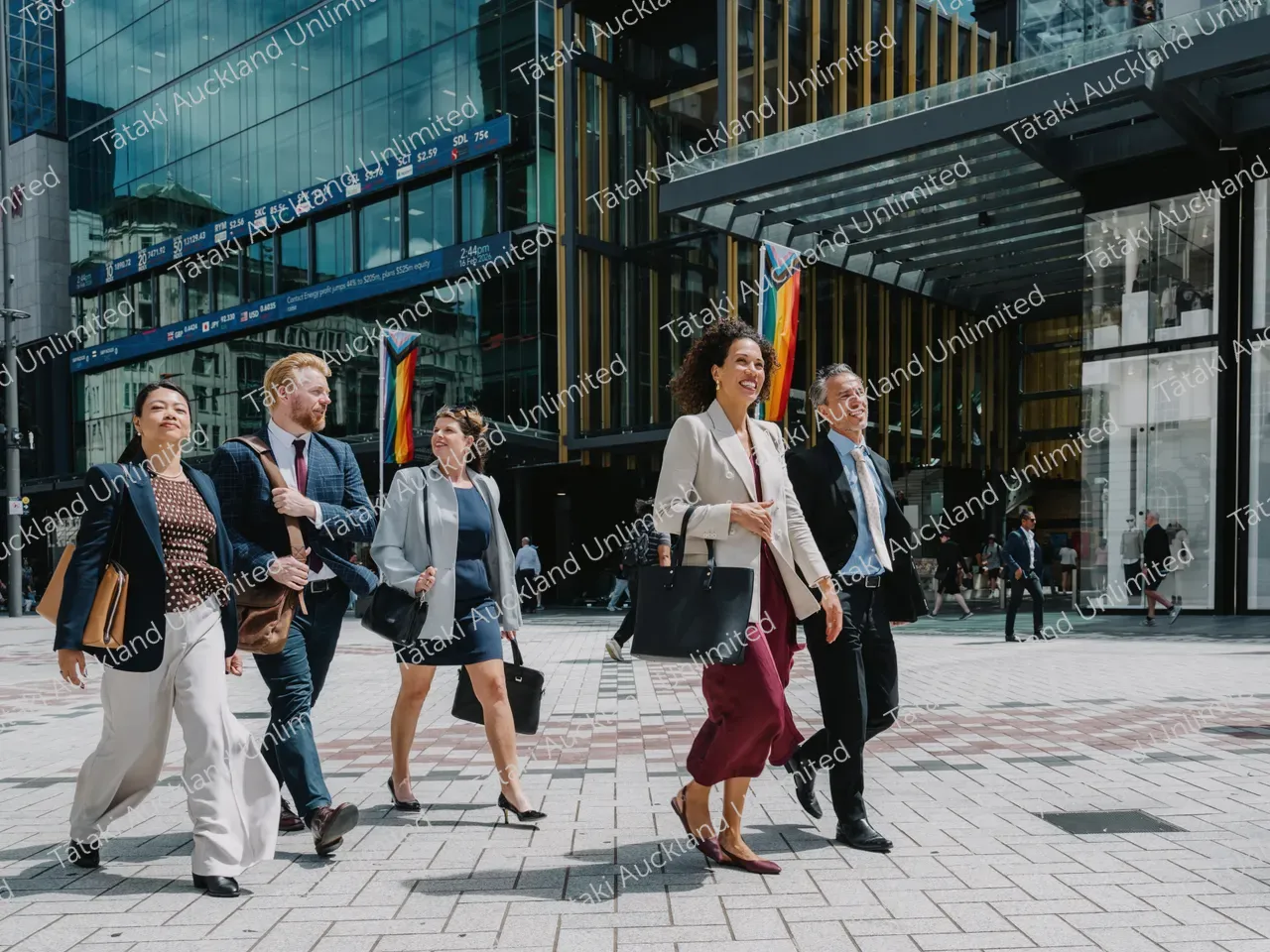 Business professionals walk across Te Komititanga Square 11