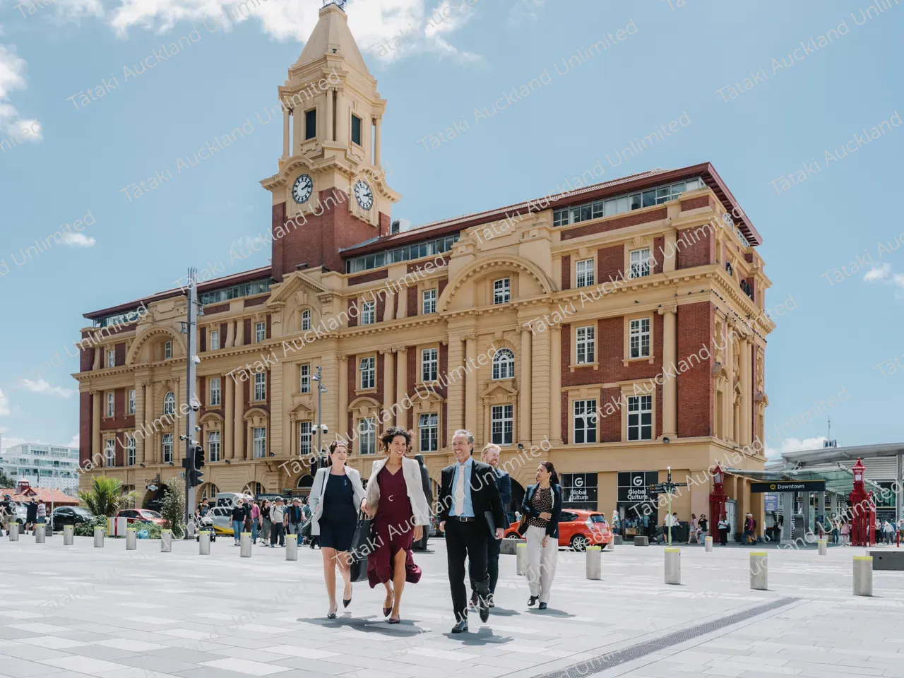 Business professionals walk across Te Komititanga Square 3