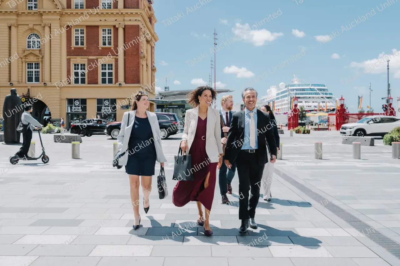 Business professionals walk across Te Komititanga Square 5