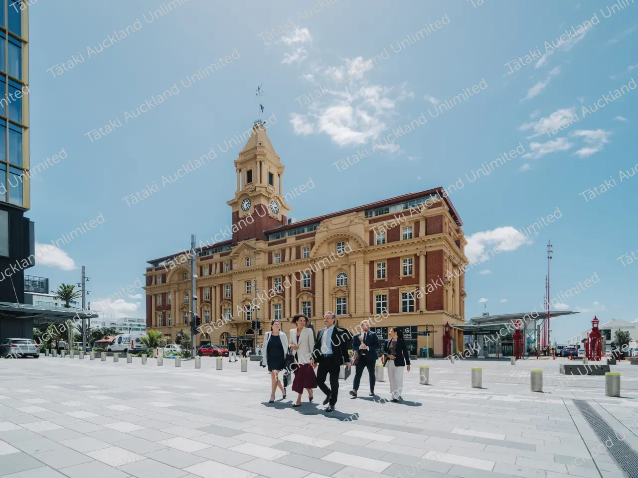 Business professionals walk across Te Komititanga Square 6