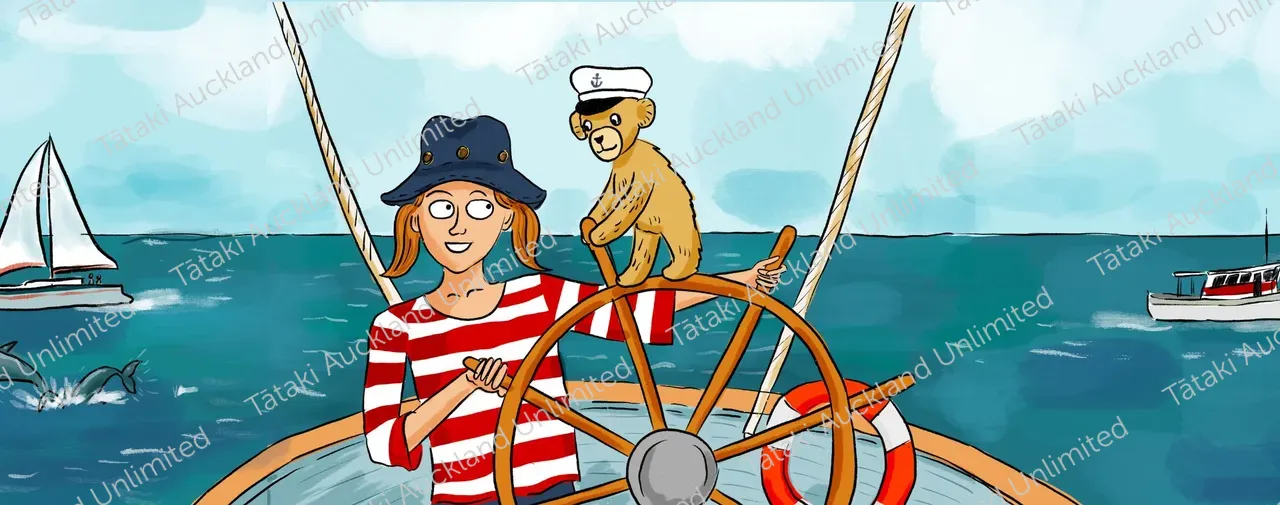 Kid on boat with teddy illustration 