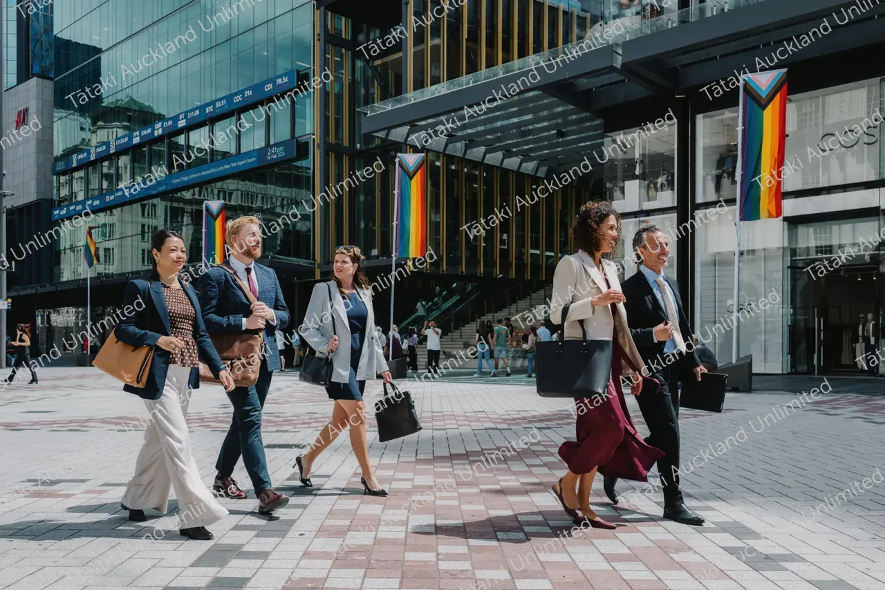 Business professionals walk across Te Komititanga Square 10
