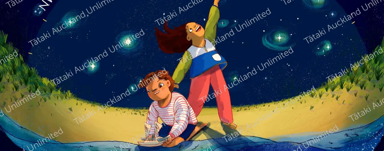 Illustration kids with matariki stars, water, on beach with waka