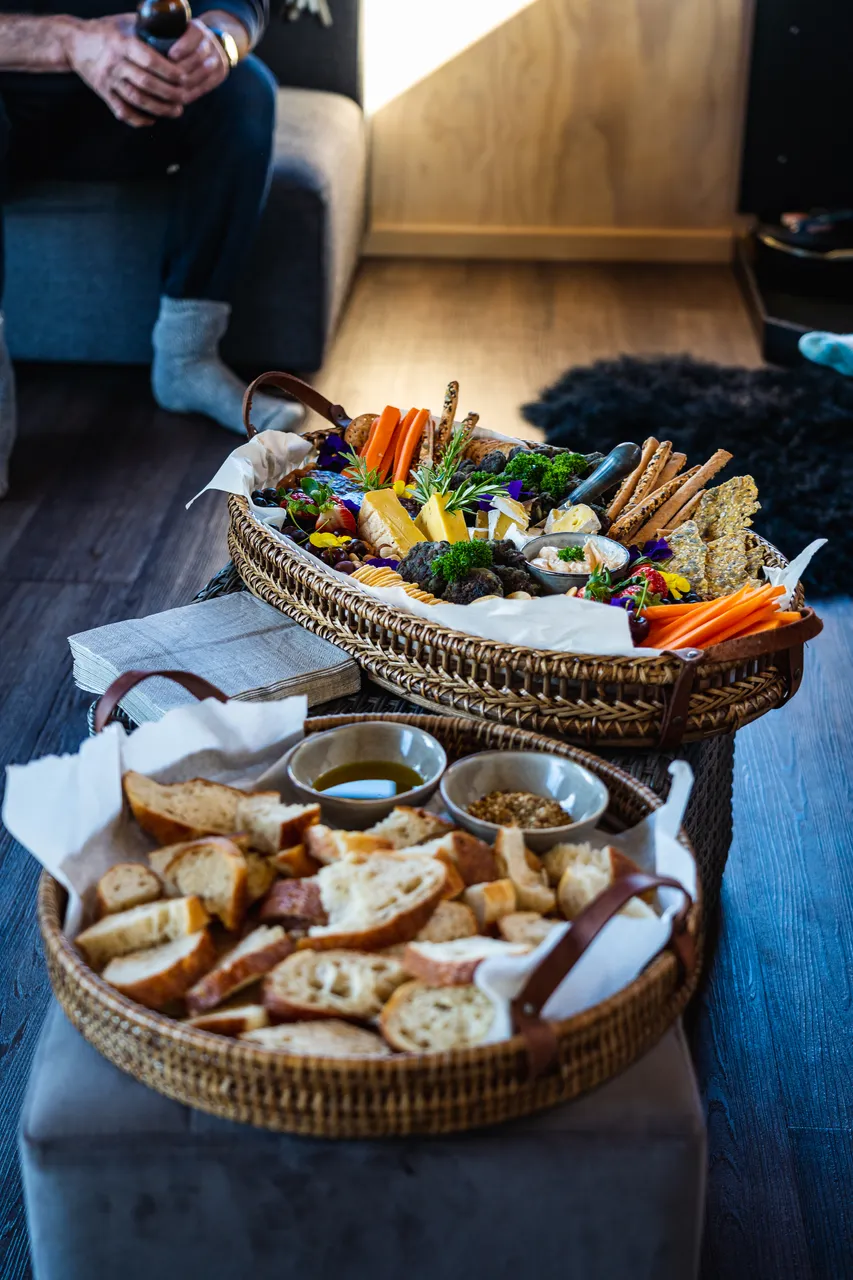 Baskets and platters of food