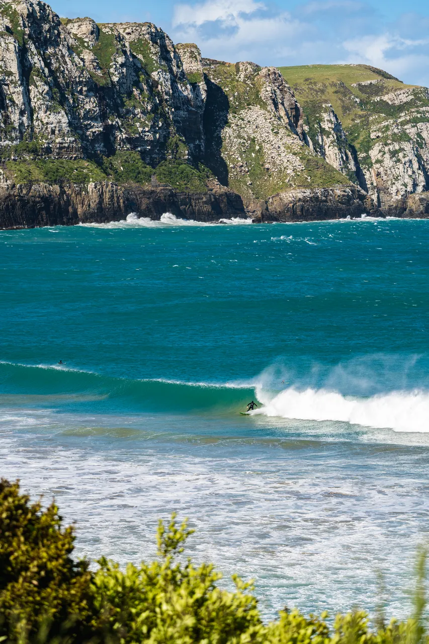 Sea and cliffs and surfer
